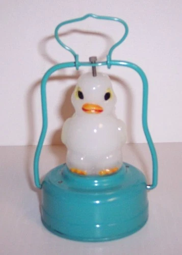 Vintage Amico PEEP CHICK DUCK LANTERN Light Lamp Battery Tin Milk Glass Japan