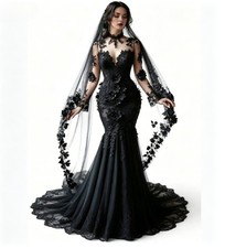 Black Gothic Mermaid Wedding Dress Floral Bohemian Long Sleeve Lace Bridal Gown-