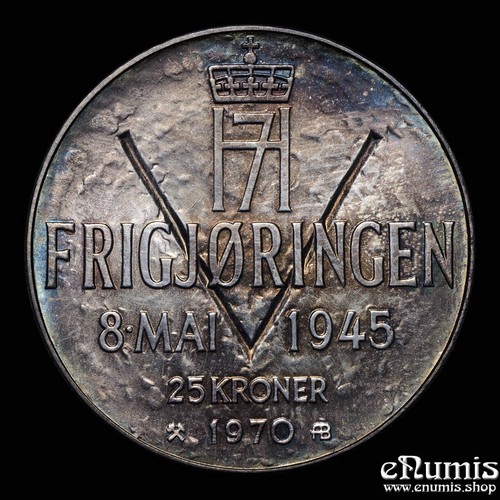 NORUEGA, Olav V, 25 coronas 1970, aniversario de la liberación, UNC - Imagen 3 de 6