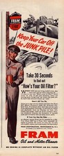 1945 FRAM Oil Filter Print Ad WWII Mechanic Junk Pile