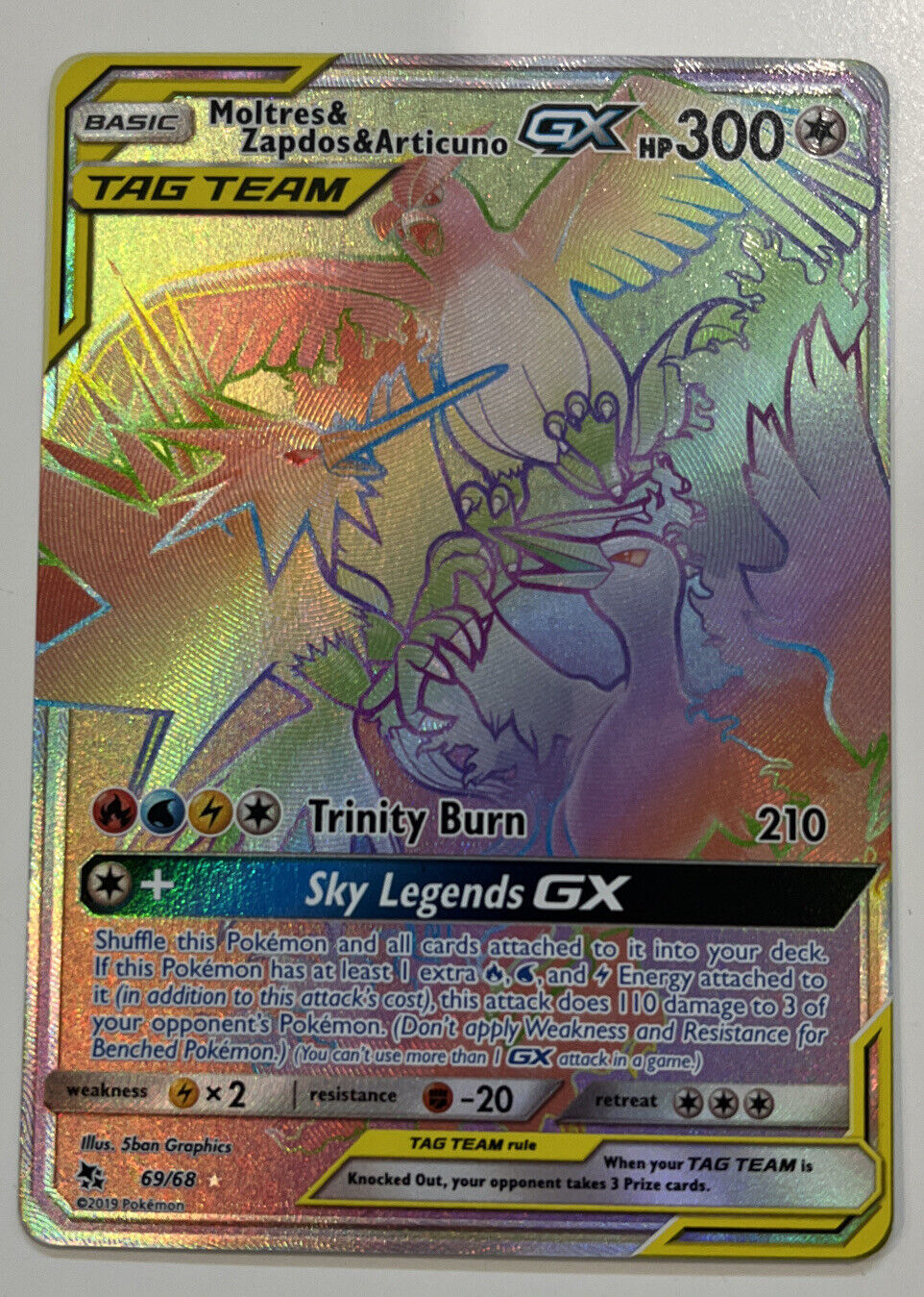 RAINBOW Moltres Zapdos Articuno GX SECRET RARE Pokemon 69/68 Tag Team Holo  - LP