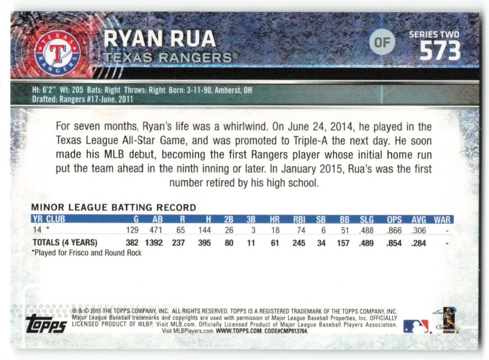 2015 Topps Ryan Rua RC Texas Rangers #573 Rookie | eBay