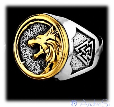 The Witcher - Hexer-Ring Edelstahl mit goldenem Wolfskopf in HQ - 18-23mm