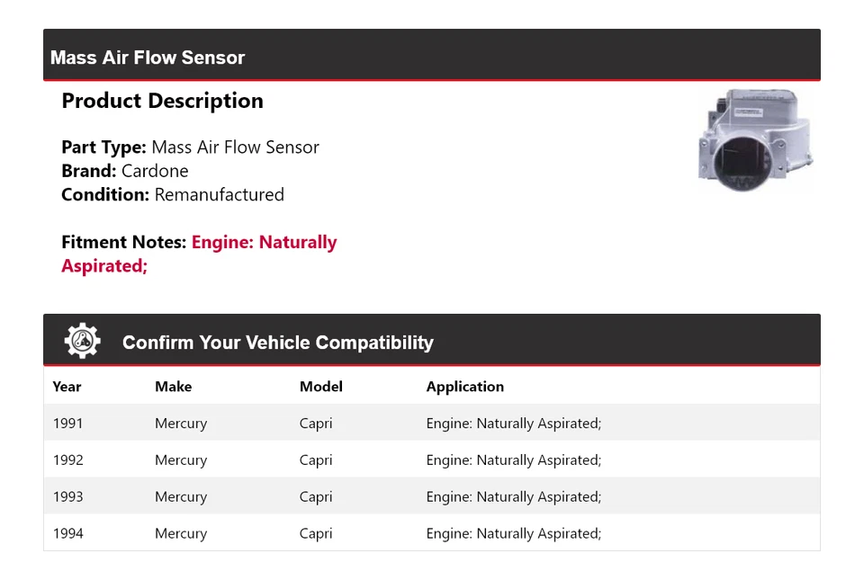 Sensor de flujo de aire de masa aspirada natural para Mercury Capri 1991-1994 cardone Foto 2 de 4