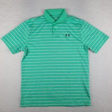 Under Armour Polo Shirt Mens Medium Green Blue White Striped Loose Heatgear