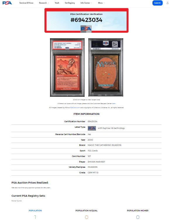 2000 MTG Magic The Gathering Invasion #167 Shivan Harvest Uncommon PSA 10 POP 1 - Image 3 of 4