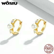 Wostu 925 Sterling Silver Shell Pearl Zircon Pearl Gold Earrings For Women Girls