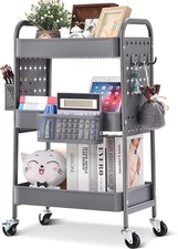 3-Tier Rolling Cart, Metal Utility Storage Cart with DIY Pegboards, Art Craft Tr