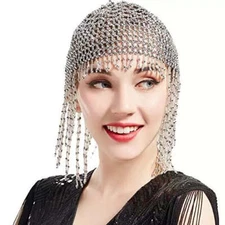 Great Gatsby 1920's Flapper Cleopatra Beaded Headdress Cap Fancy Dress - Silv...
