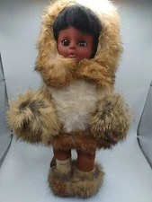 Vtg Eskimo Doll Canadian 11" Doll Co. Mfg Ltd Real Fur Suede Outfit Sleepy Eyes