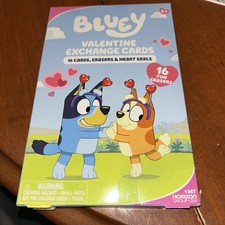 NEW Bluey 16 Ct Valentines Cards 8 Designs + Erasers and Heart Seals