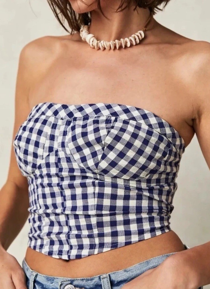 Free People Leilani Tube Top Blue Gingham Sz L summer beach spring festival