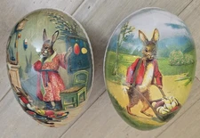 2 Vintage German Paper Mache Rabbit Easter Egg Candy Container Bunny Farmer 7"