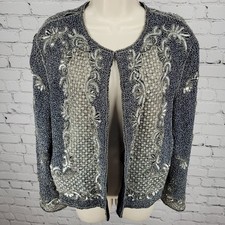 Adrianna Papell Blue Sequin Metallic Embellished Evening Jacket Size Medium M