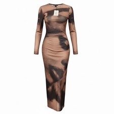 SHEIN Brown Black Abstract Bodycon Dress S Long Sleeve Crew Neck Long