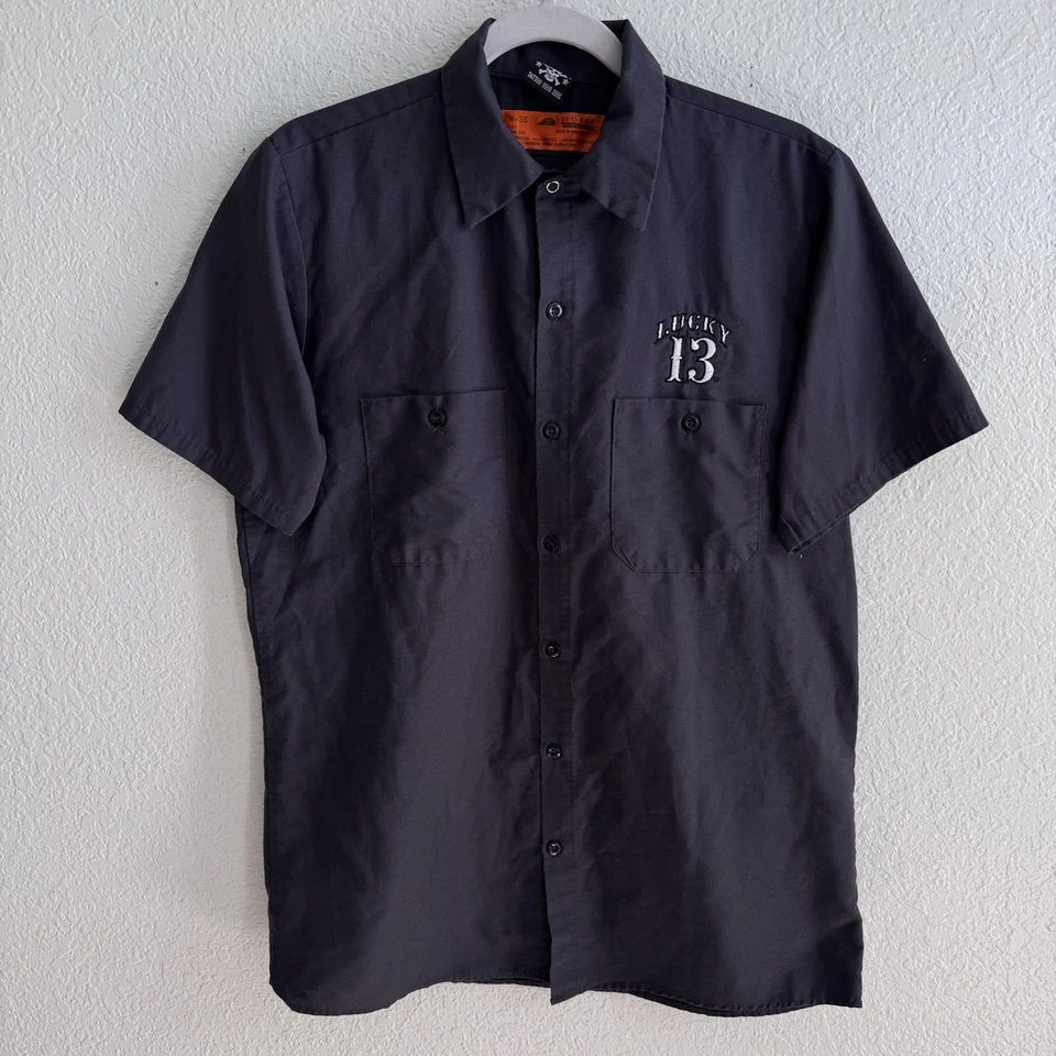 Camisa Lucky 13 Para Hombre Trabajo Medio Mecánico Abotonada Tatuaje Tu Alma Motociclista Punk Foto 2 de 4