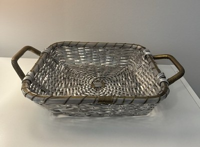 VINTAGE Silver Gold 2Tone Wire Woven Metal Basket  Handles 9''x9'' Made In India