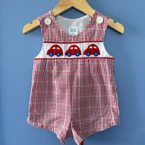 Vintage Nursery Rhyme Baby Boy Gingham Car Smocked Romper Red Blue 3-6 Months