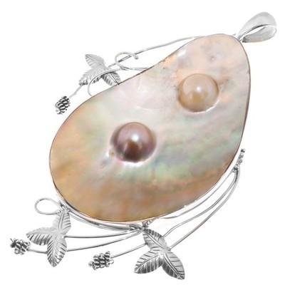 925 Silver Double Mabe Blister Pearl Orchid Filigree Sterling Pendant, 4 3/4''