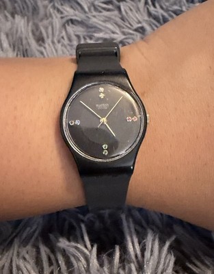 Vintage Swatch Swiss Black Quartz Watch Multicolor Crystal Markers New Battery