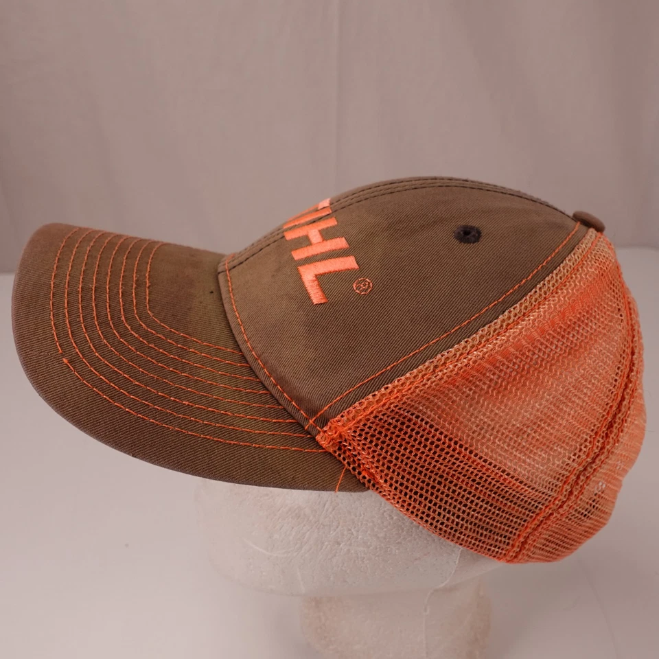 Gorra STIHL Malla Espalda Ajustable Para Hombre Marrón Naranja Logo Desteñida Gorra Camionero Foto 2 de 4