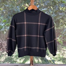Ann Taylor Women's Black  Tan Mock Neck Plaid Cropped Sweater Size XXSP