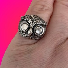 Vintage stamped 925 sterling silver wide-eyed owl face ring sz 5.5