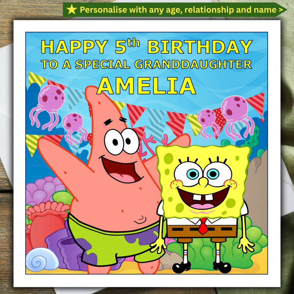 SPONGE BOB BIRTHDAY CARD personalised AGE RELATIONSHIP NAME