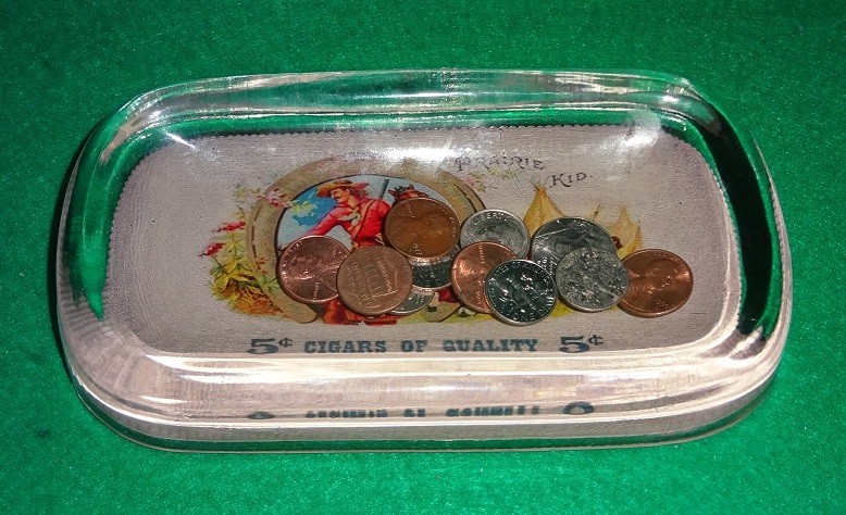 old original Prairie Kid cowboy antique advertising glass change receiver tray