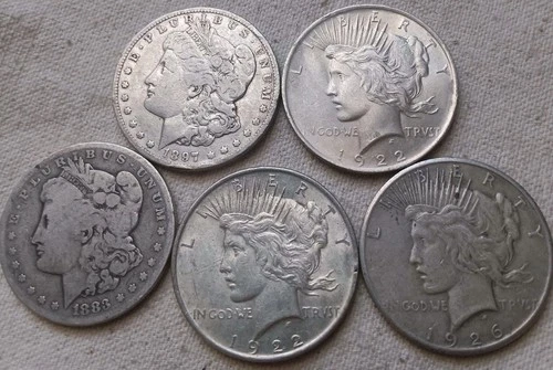 5pc Morgan & Peace US Silver Dollar 5 Coin Lot See Pictures
