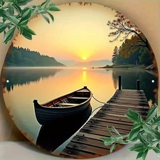 Lakeside Sunrise Metal Wall Art Round Landscape Sunset Mountains