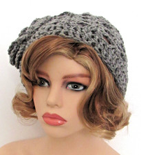 CLASSIC BOHO BEANIE HAT CAP HEATHER GRAY OPEN WEAVE MESH HANDMADE CROCHET