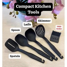Tupperware Utensili da Cucina Compatti (5pz): Spatola, Mestolo, Cucchiaio, Skimmer, Supporto