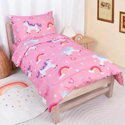 TinyPalsa Toddler Bedding Set, 4-Piece Pink Rainbow Pony Comforter Set for Girls