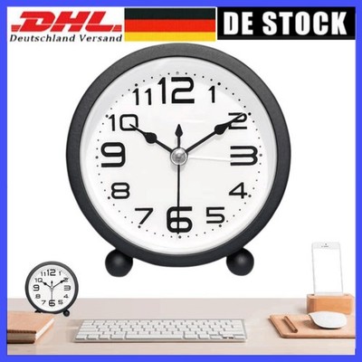 Tischuhr Wecker Analog ohne Ticken Metall Schwarz 3D Zahlen Groß Lautlos Nacht