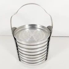 Vtg Kromex Aluminum Metal Drink Coaster Set 8 with Caddy Holder Retro MCM Bar