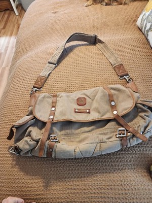 AIGLE Canvas Leather Messenger Bag Khaki Herringbone Field Satchel Crossbody...