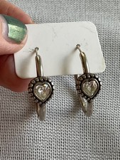 Sterling Silver heart hoop earrings clear stone VIntage Estate jewelry