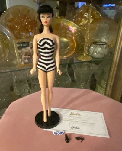 VINTAGE REPRO #1 BLACK /DARK BRUNETTE PONYTAIL BARBIE DOLL - WITH REPRO #1 STAND