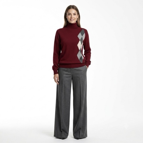 Vintage DF 100% Cashmere Jumper Burgundy Argyle Roll Neck  Size 44 AU L Relaxed