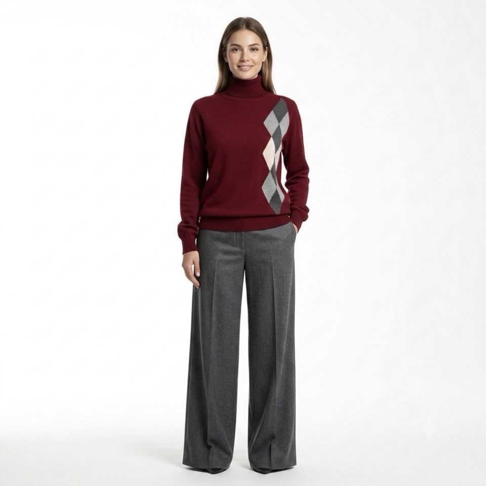 Vintage DF 100% Cashmere Jumper Burgundy Argyle Roll Neck  Size 44 AU L Relaxed