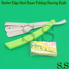 Green Straight Barber Edge Steel Razor Folding Shaving Knife 11 Blades Razors