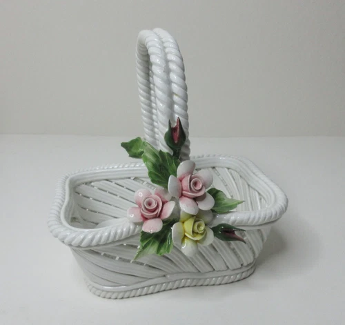 Vintage Nuova Capodimonte Porcelain Basket with Flowers