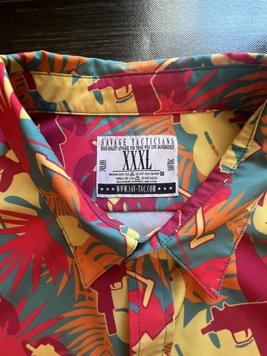 Savage Tacticians Shirt Mens XXXL Pink Orange Tropical Hawaiian Gun Print Aloha - 第 2/7 張圖片