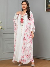 Abaya Muslim Women Batwing Sleeve Floral Maxi Dress Dubai Moroccan Loose Kaftan
