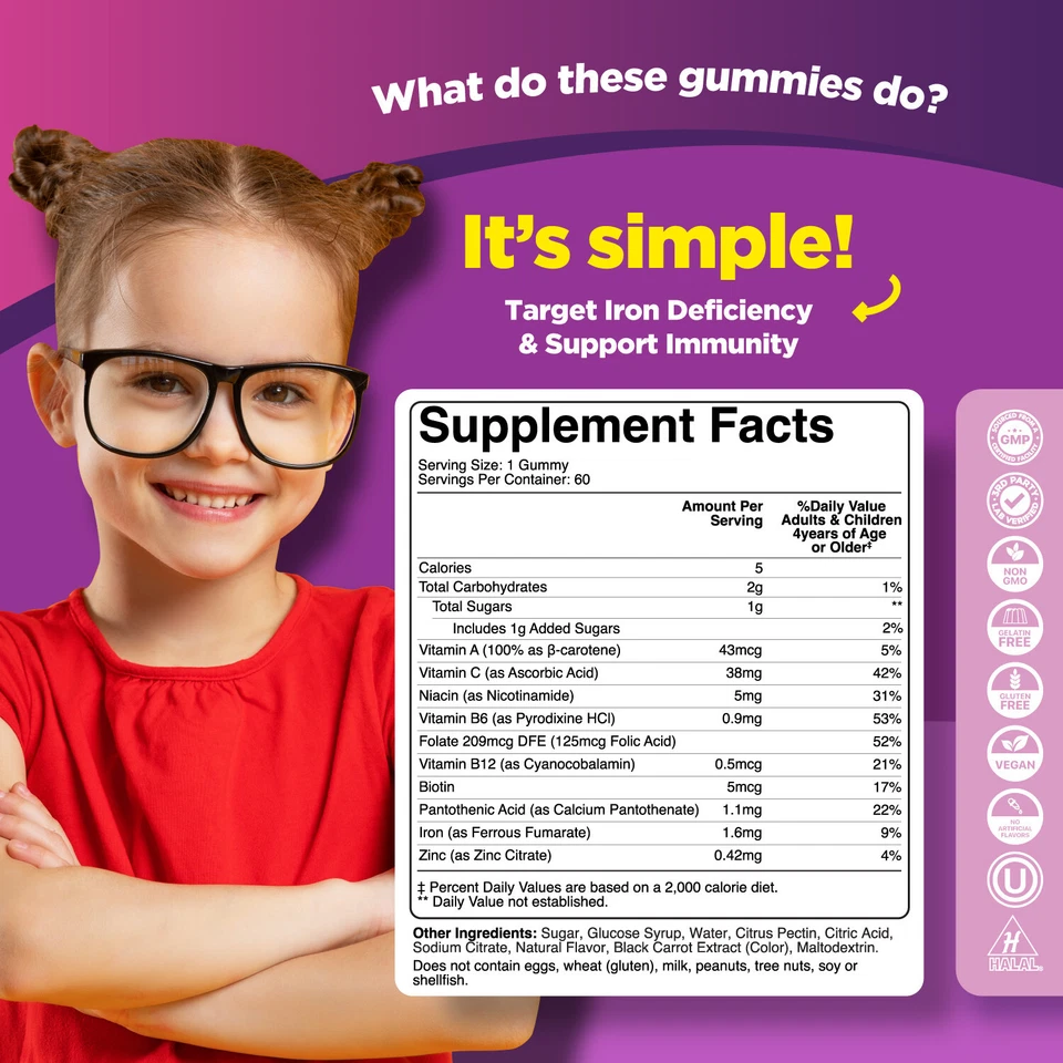 Chewable Multivitamin with Iron Gummies for Kids - Mental Clarity Immune Support - Image 3 of 4
