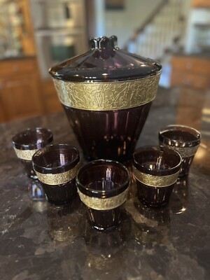 Moser Bohemian Sovereign Amethyst Punch Bowl Ice Bucket & 5 Low Ballglasses