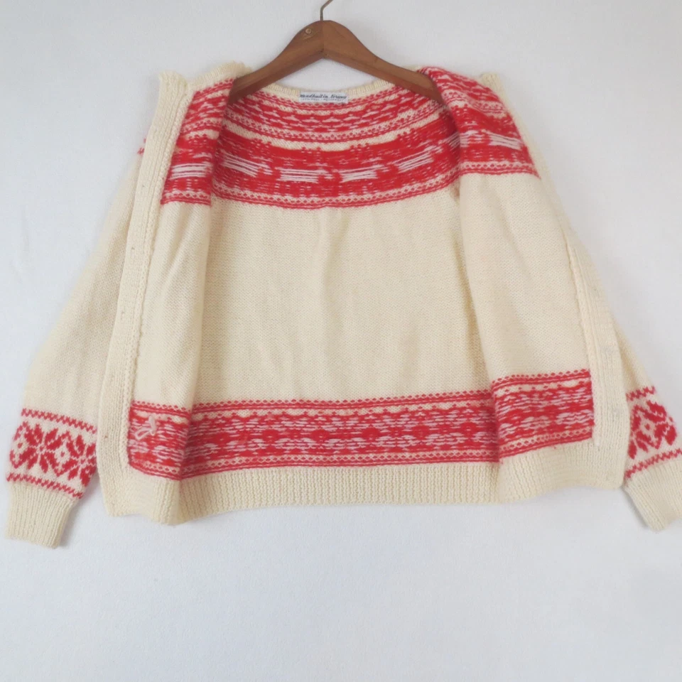Cardigã suéter feminino tricotado à mão na Noruega lã vermelha creme Fairisle botão para cima - Imagem 3 de 4