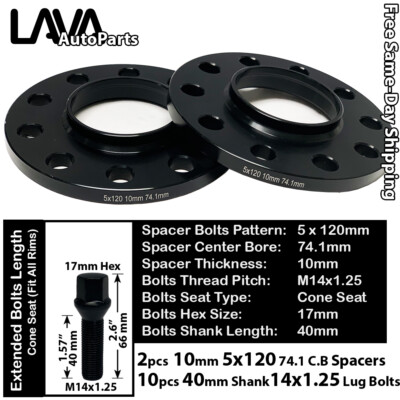 2PC 10MM THICK 5X120 74.1MM C.B WHEEL SPACER+40MM 14X1.25 BOLT FIT BMW X5/X6