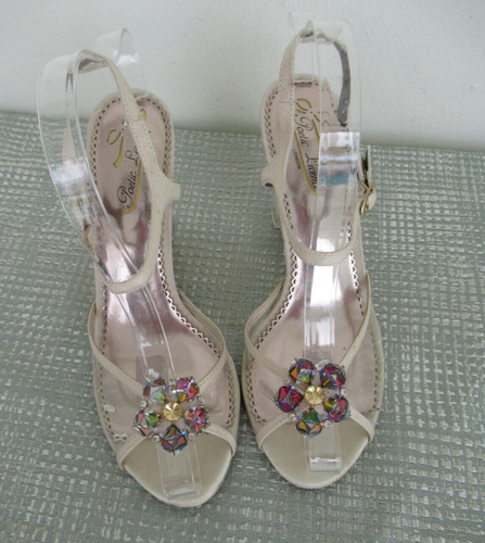 Poetic License London Sz 8.5 M Lucite w/Roses Wedge Peep Toe Bride Shoes Sandal - Picture 7 of 16